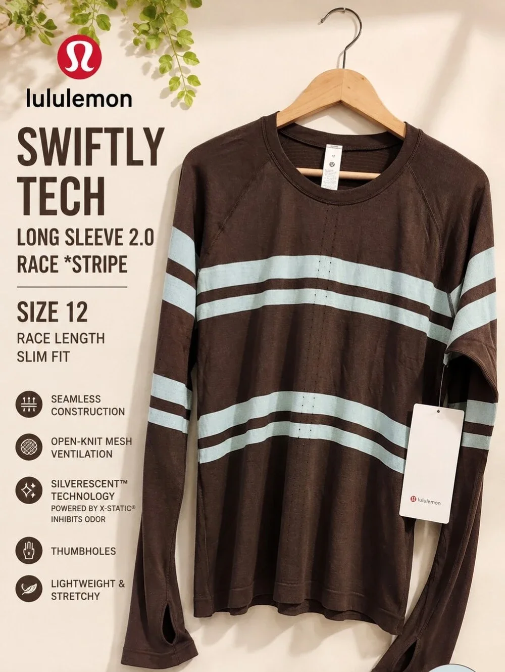 Lululemon Swiftly Tech Long Sleeve 2.0 Race Stripe Brown Foam Size 12 NWT